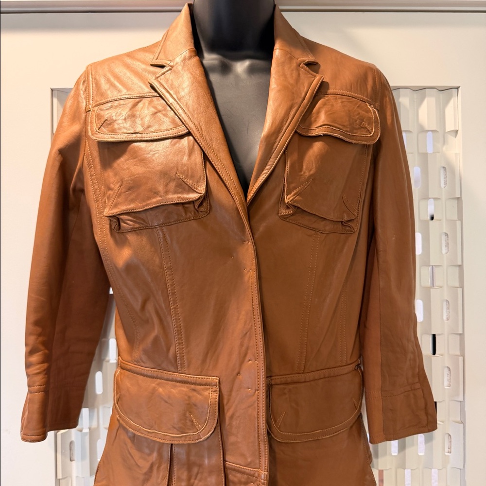 Saks 5th Ave Mixed Media Leather Tan Jacket 3/4 Sleeves Sz 2